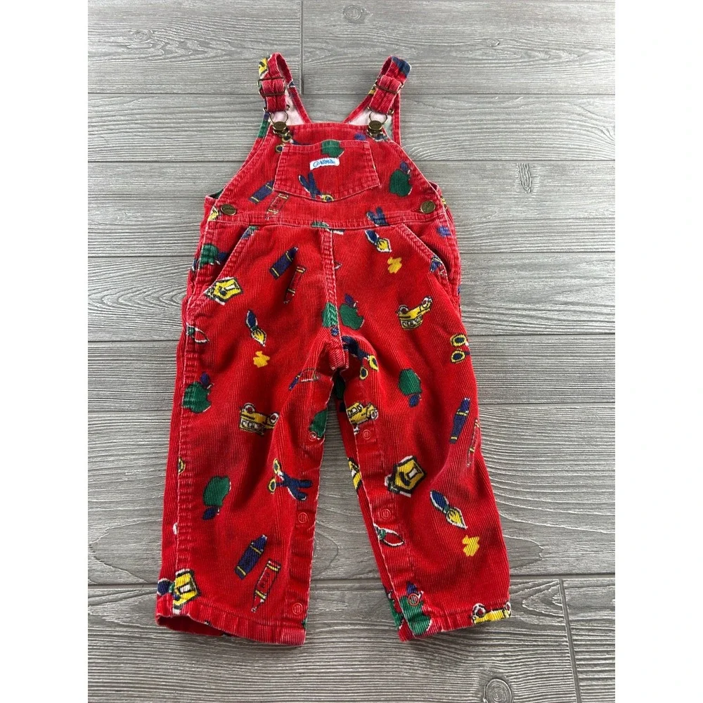 Vintage Carter's Corduroy Overalls Size 18 Mo. School Print 100% Cotton Red
